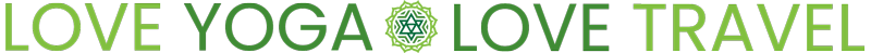 Green text saying "LOVE YOGA LOVE TRAVEL" with a detailed mandala-style icon separating the phrases.