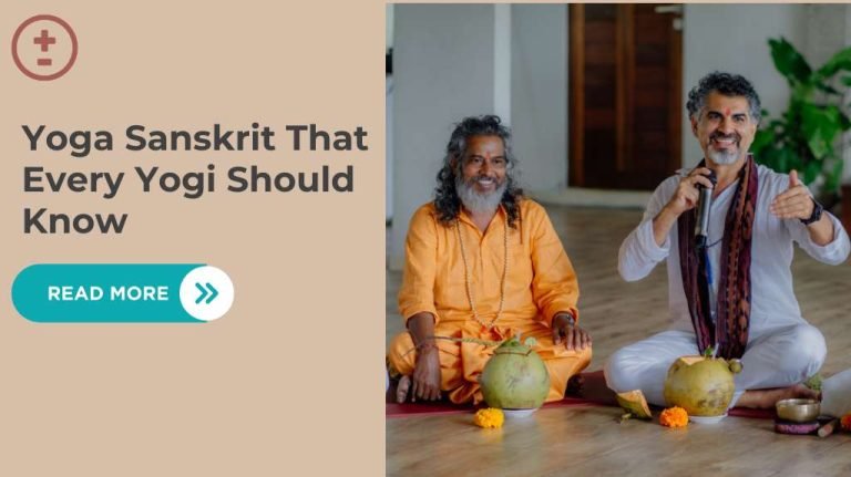 Yoga instructors seated on a floor with coconuts and flowers, smiling. Text: "Yoga Sanskrit That Every Yogi Should Know."