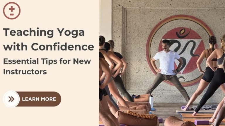 Yoga instructor leading a class in a studio, with a motivational text on the left saying "Teaching Yoga with Confidence: Essential Tips for New Instructors."