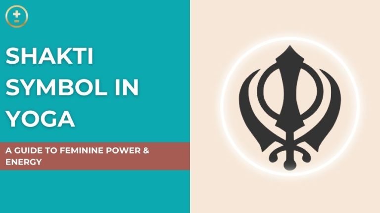 Teal background with text: "Shakti Symbol in Yoga" and "A Guide to Feminine Power & Energy." Icon of a symbol on the right.