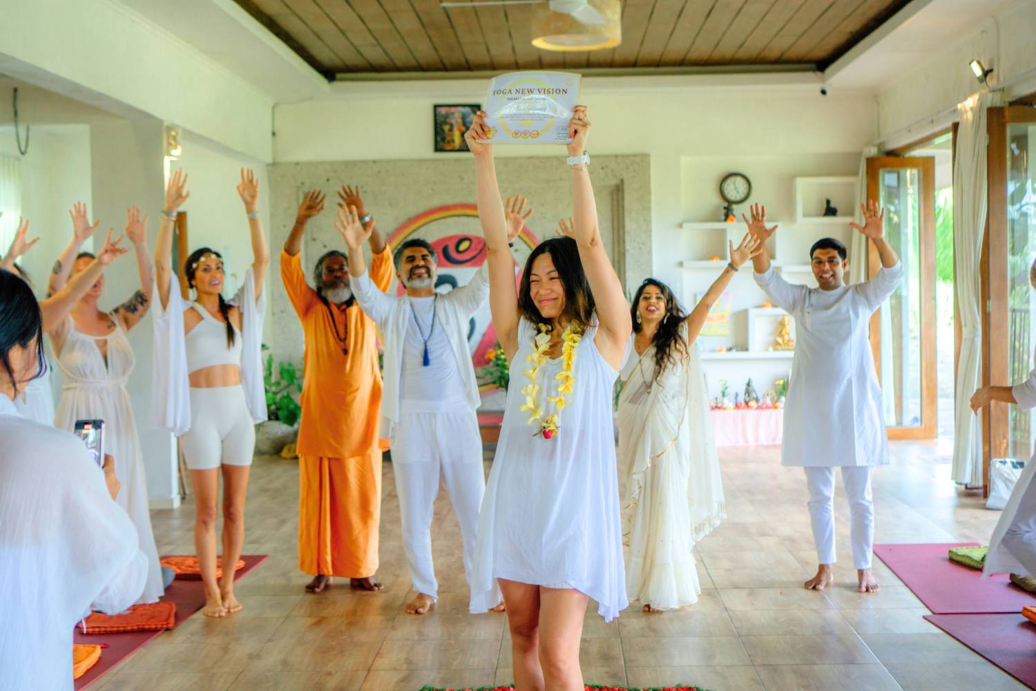 Yoga New Vision graduates celebrating completion of yoga teacher training Ubud Bali