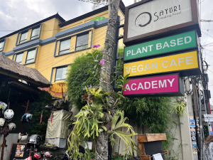 Fresh smoothie bowl and plant-based breakfast at Sayuri Healing Food Café in Ubud, Bali, popular with yoga teacher training students.