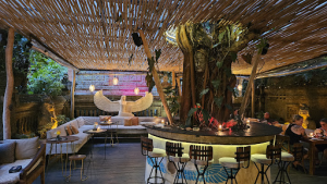 Mango passion smoothie and mojo salad with jungle views at Zest café in Ubud, Bali.