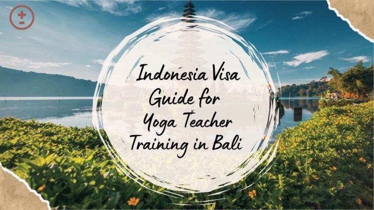 Text "Indonesia Visa Guide for Yoga Teacher Training in Bali" on a circular white background. Scenic lake and greenery behind.