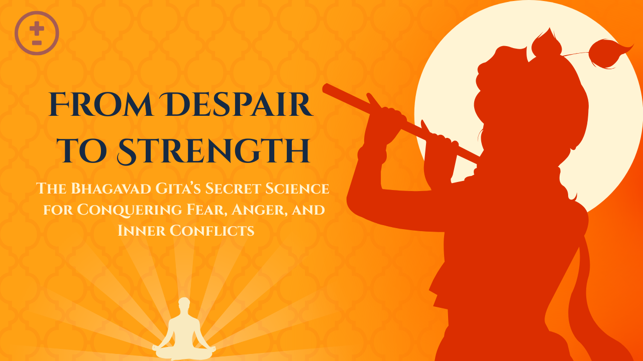 Orange background with a silhouette of a figure playing a flute against a bright circle. Main text: "From Despair to Strength".