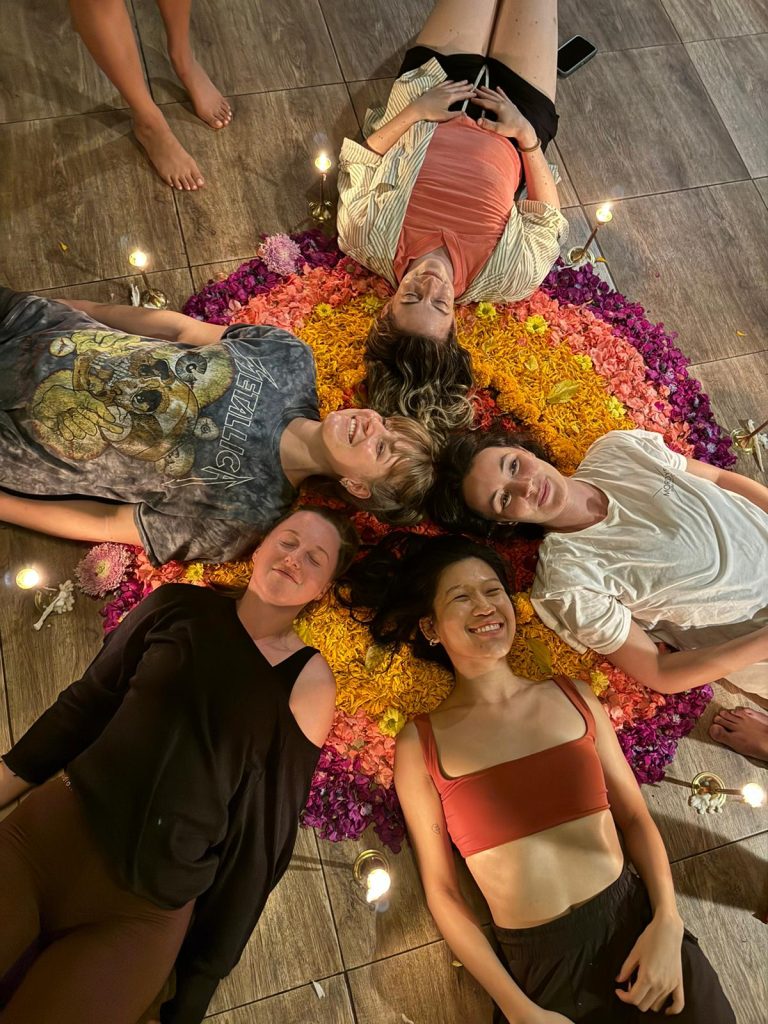 yoga students relaxing during 22-day immersive yoga retreat Ubud Bali