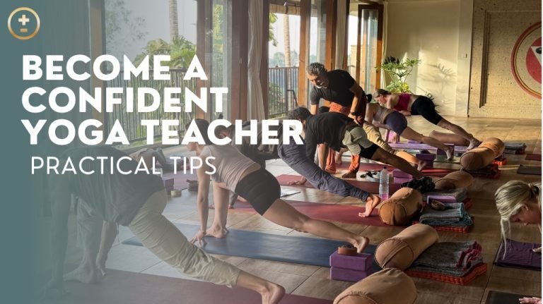 Yoga class with participants in plank pose, surrounded by mats and bolsters in a studio. Text: "Become a Confident Yoga Teacher: Practical Tips."
