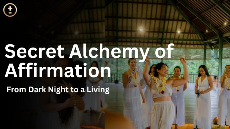 Banner with main text “Secret Alchemy of Affirmation.” A group of people in white attire, some raising hands in a large hall.
