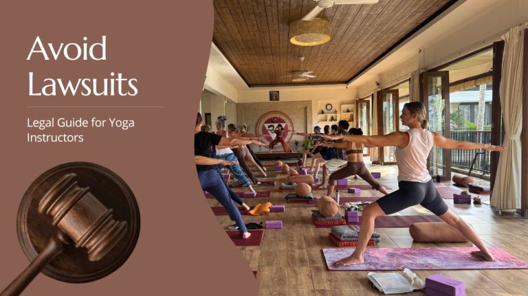 Yoga class in session with students in warrior pose, held in a spacious room. Text says "Avoid Lawsuits: Legal Guide for Yoga Instructors."