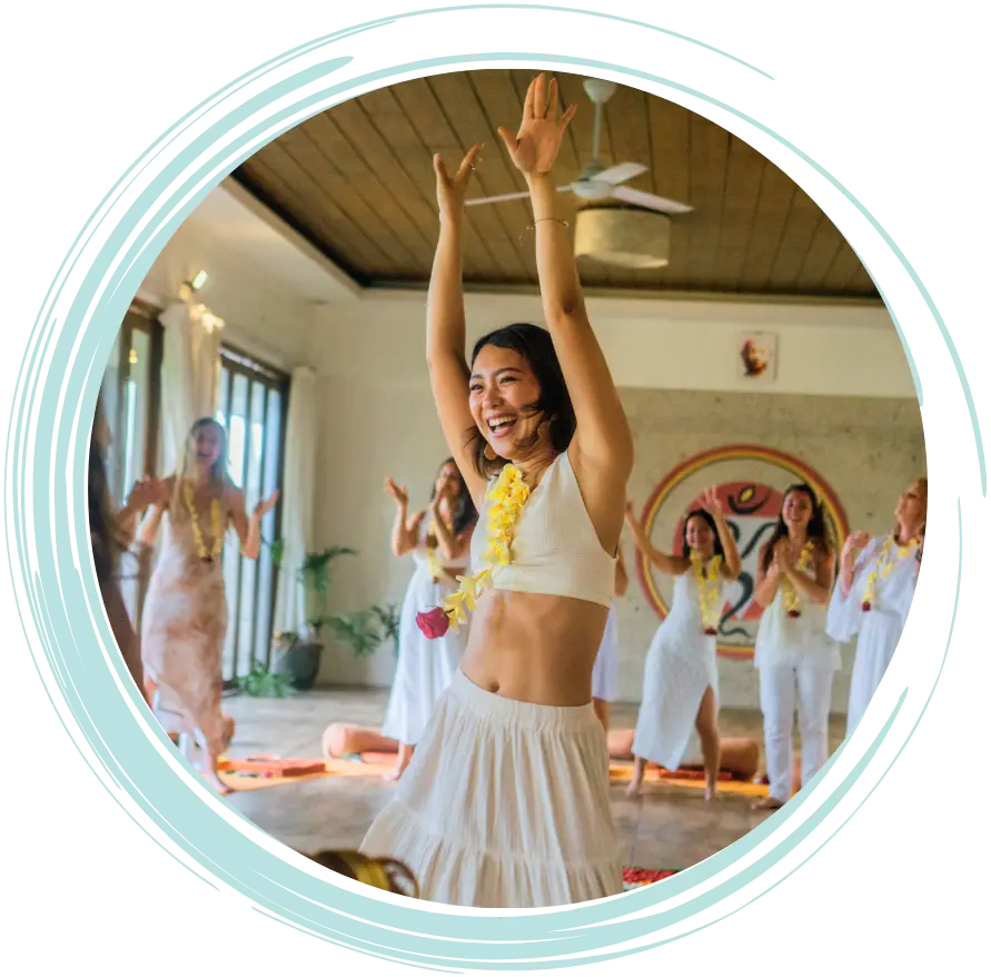 five star rated 200-hour yoga teacher training graduates celebrating at Yoga New Vision Ubud Bali