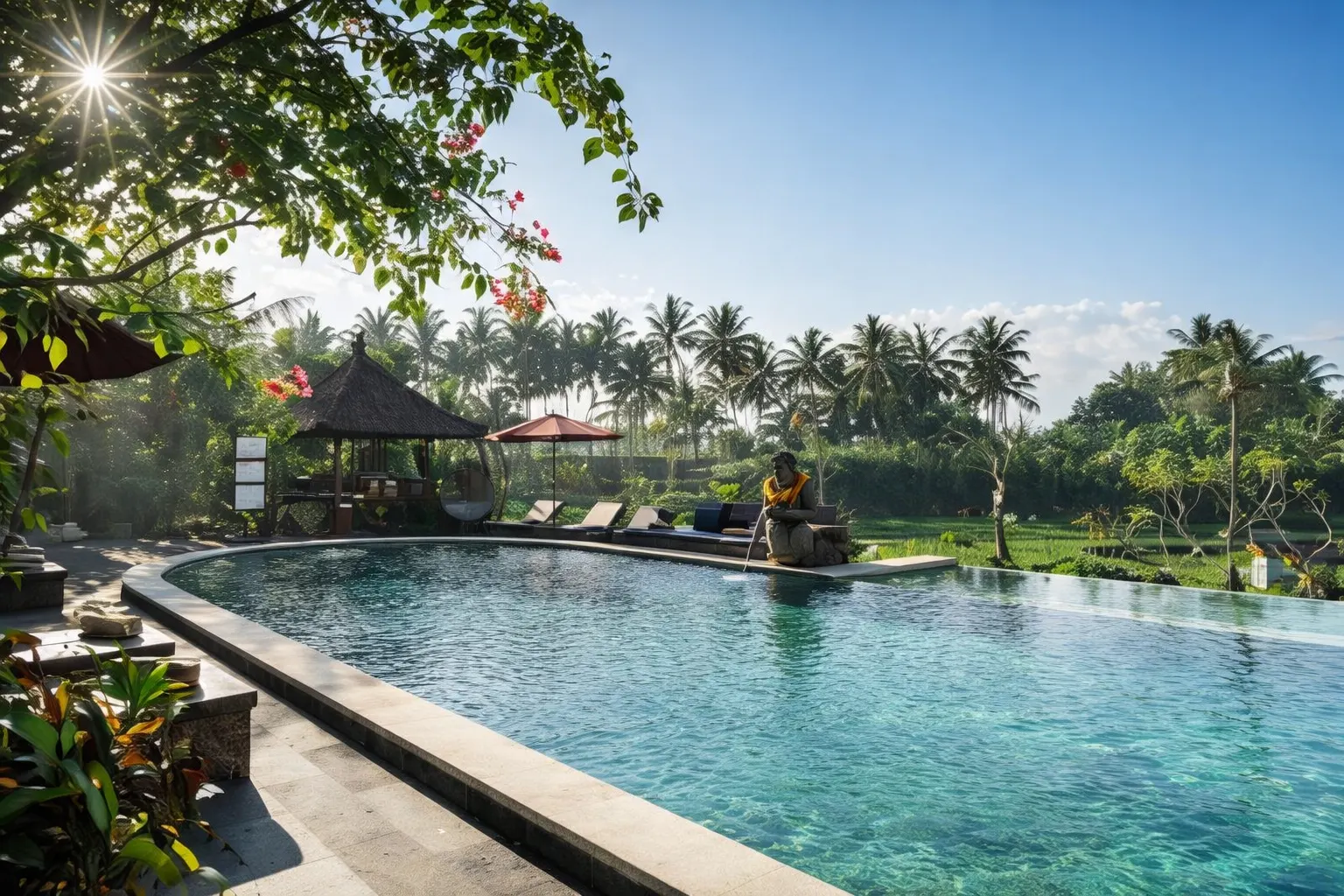swimming pool at Omham Retreats resort venue for 200-hour yoga teacher training in Ubud Bali