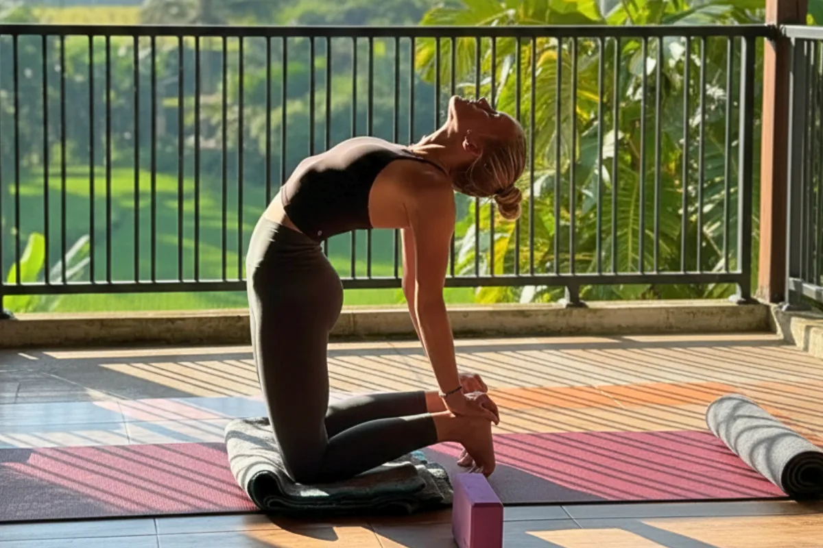 student practicing asana camel pose during 200-hour yoga teacher training curriculum in Bali