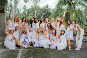 full cohort of 200-hour yoga teacher training students at Yoga New Vision bamboo shala Ubud Bali
