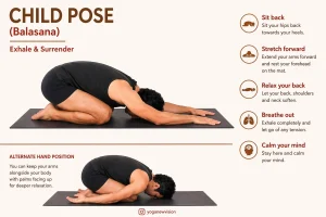 Lead instructor Deep Yoga practicing Child’s Pose (Balasana), a foundational beginner stretch for lower back flexibility.