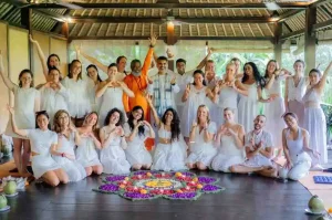 Yoga New Vision students and teachers during 200-hour yoga teacher training in Bali group ceremony